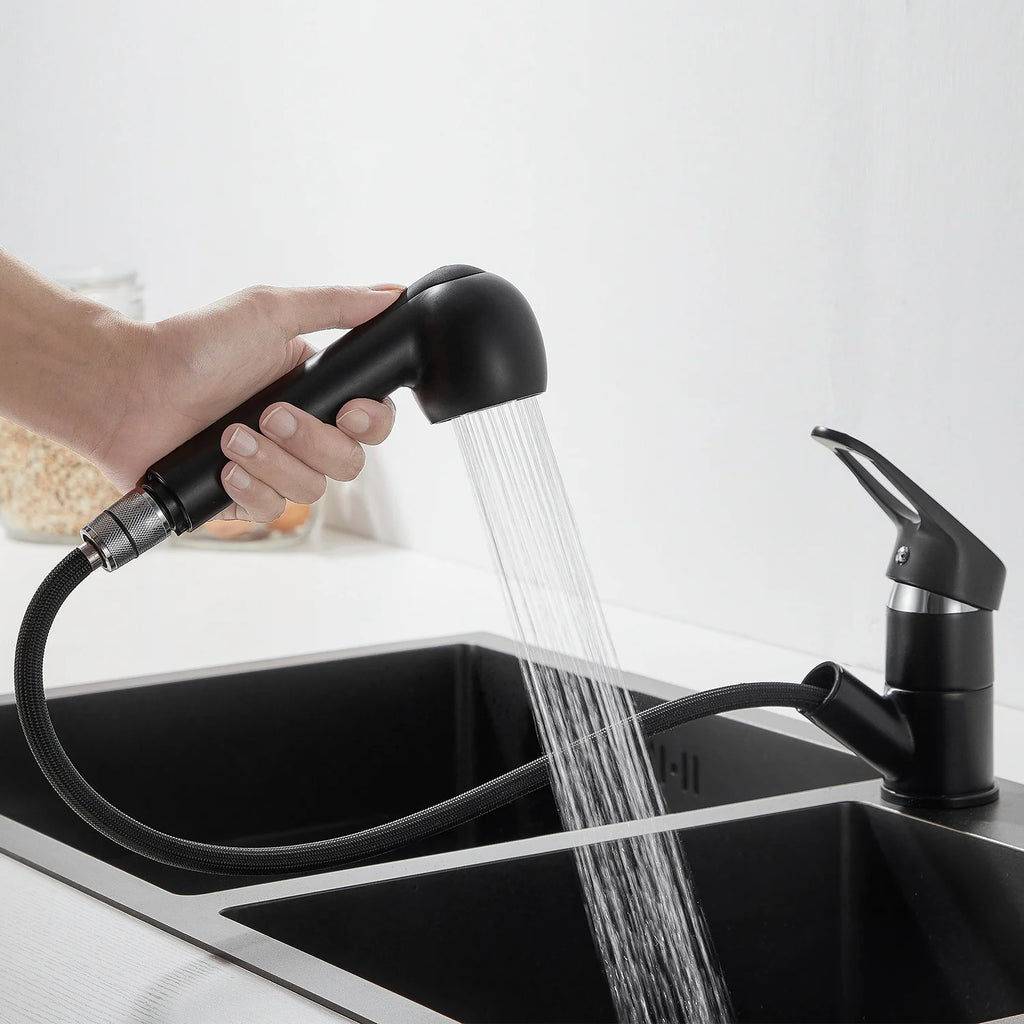 Kitchen Faucet Matte Black, Pull Out Kitchen Tap with 2 Modes Spray, Solid Brass, Deck Mounted 360° Swivel, Sink Mixer, Hot and Cold Water, KTW Certified 50cm Hose, Modern Design, G3/8 Standard