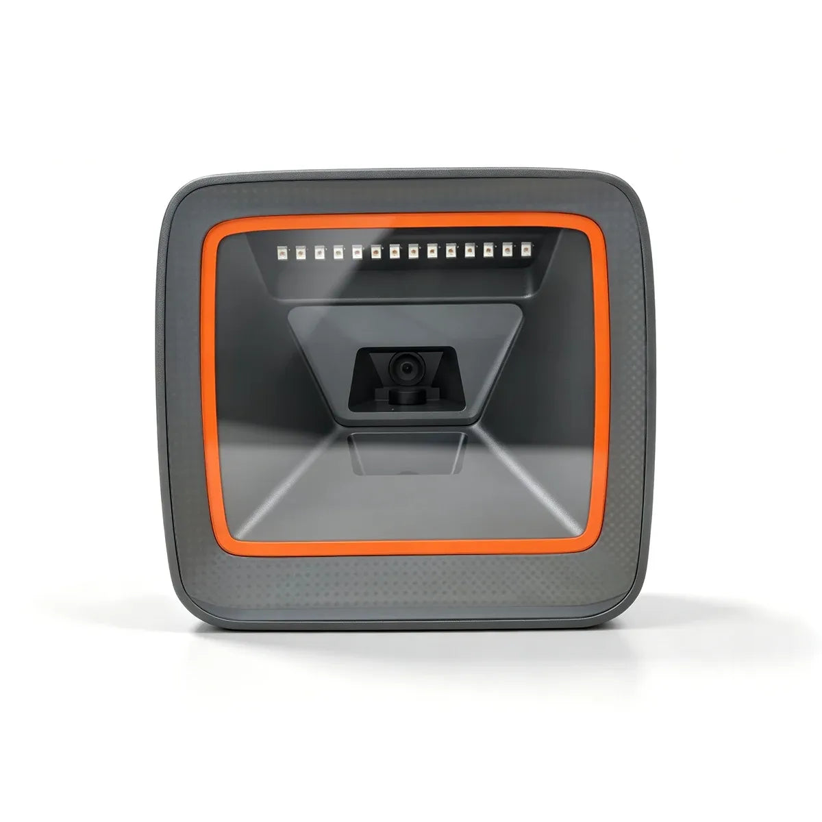 Desktop barcode scanner angled front view with scan window and orange trim