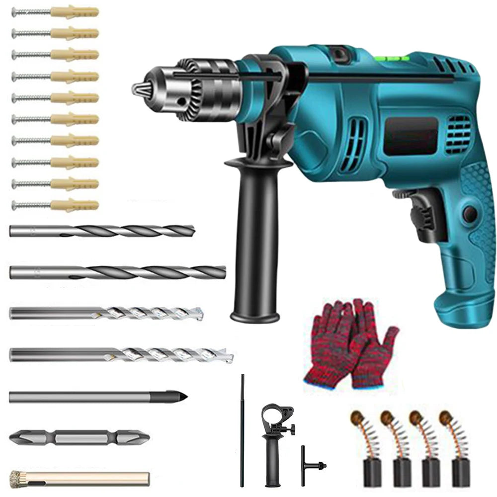 Blue Gun Type Electric Hammer Drill 1500W Load Power 710W Rated Power Variable Speed 1.5-13mm Chuck Multi-function Drilling Polishing Cutting Power Tool