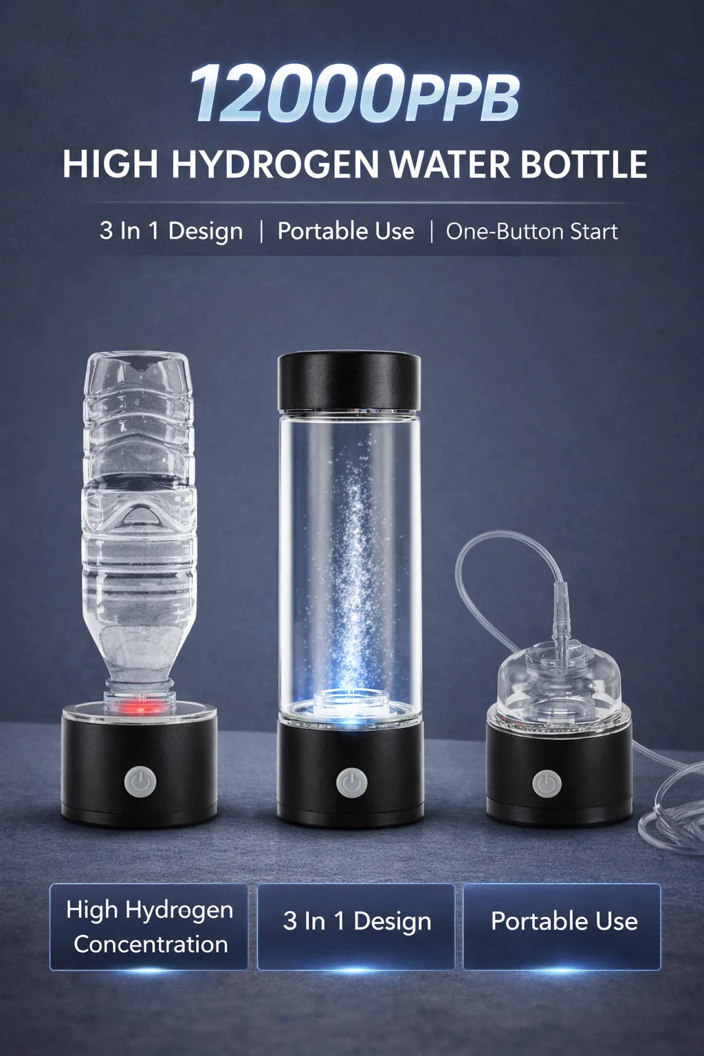 Tidesmit portable hydrogen water generator bottle with USB rechargeable alkaline ionizer technology side profile