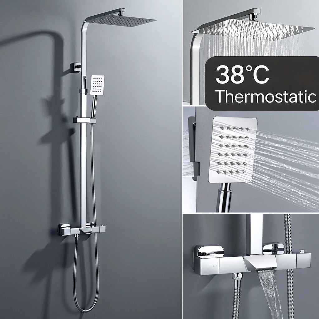Shower Column with Thermostatic faucet, Wall-mounted Shower System, 30 × 20 cm Rain shower head, suitable for bathtubs