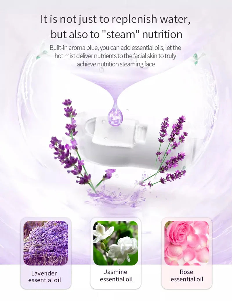 Ozone facial steamer with essential oil tray for aromatherapy, deep cleaning, and moisturizing home skin care spa.