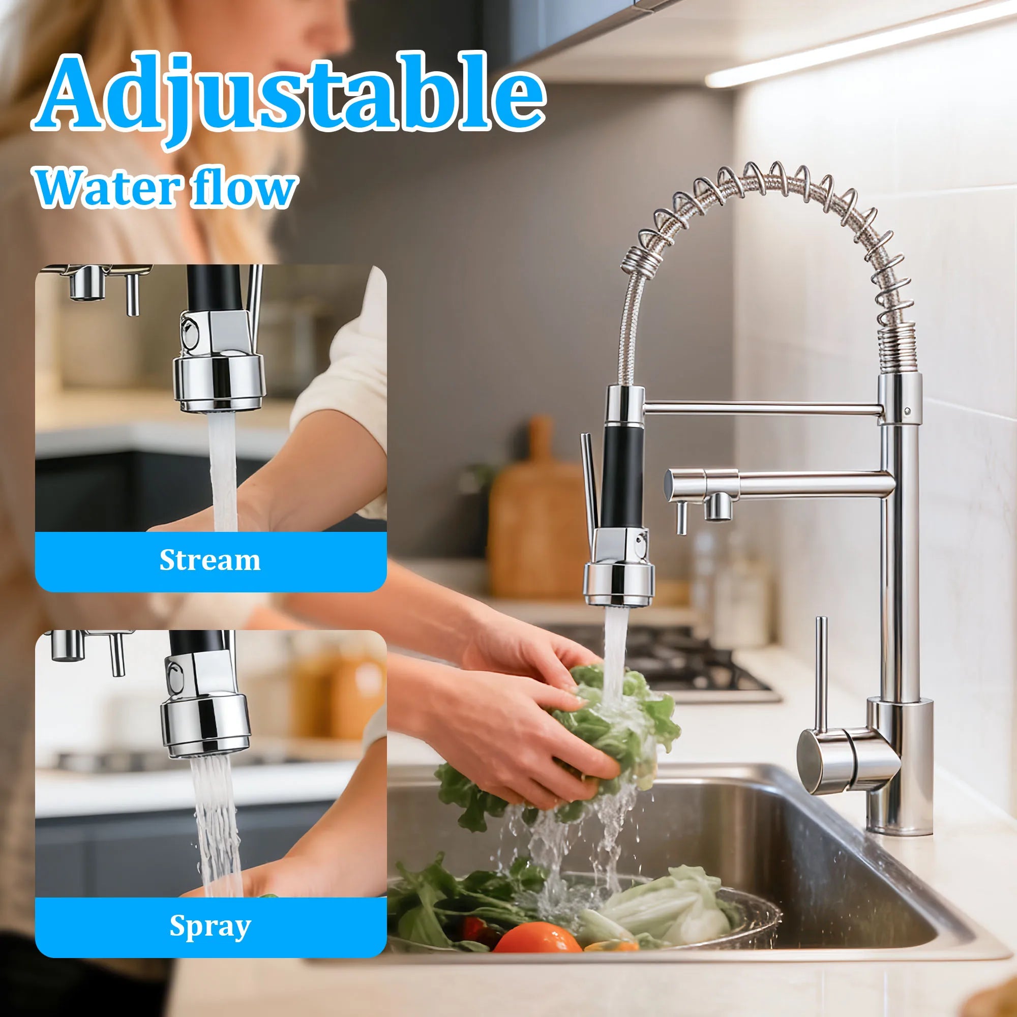 Multi-Function Pull-out Kitchen Sink Faucet, Full Dual-Direction Rotatable Swivel Spout, Premium Kitchen Mixer Faucet with Stable Hot and Cold Water Mixing, Detachable Pull Down Spray Head Kitchen Tap for Household Kitchen Us
