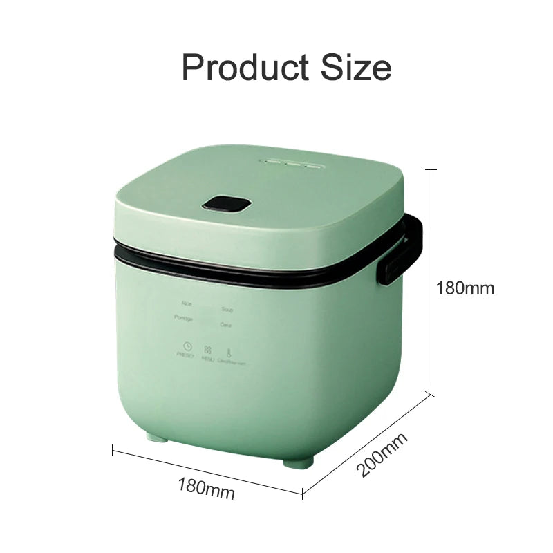 Mini electric rice cooker size view with teal body and black inner lid, compact design.