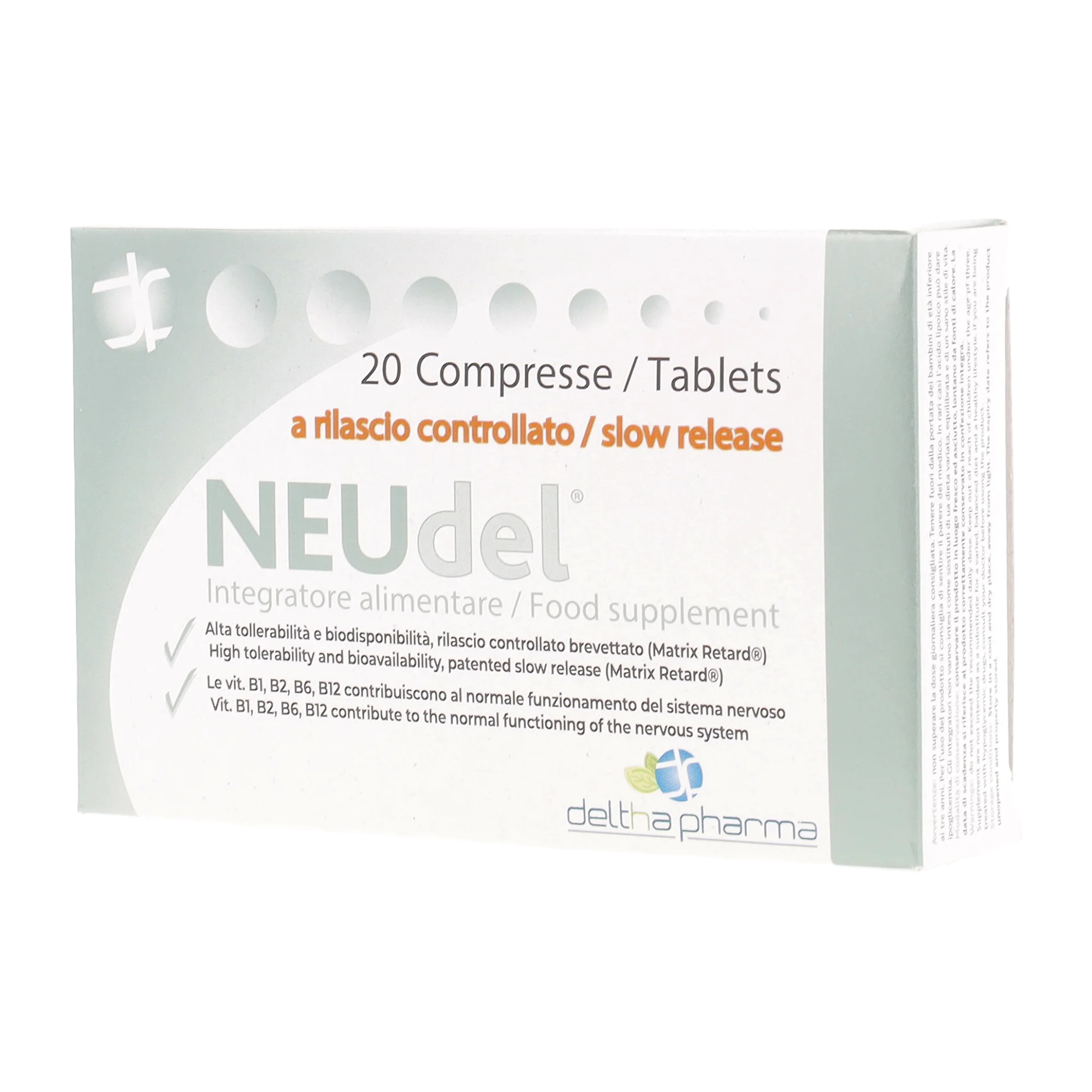 Deltha Pharma NEUdel 20 tablets: Alpha Lipoic Acid and B vitamins supplement for nervous system support by Tidesmit.