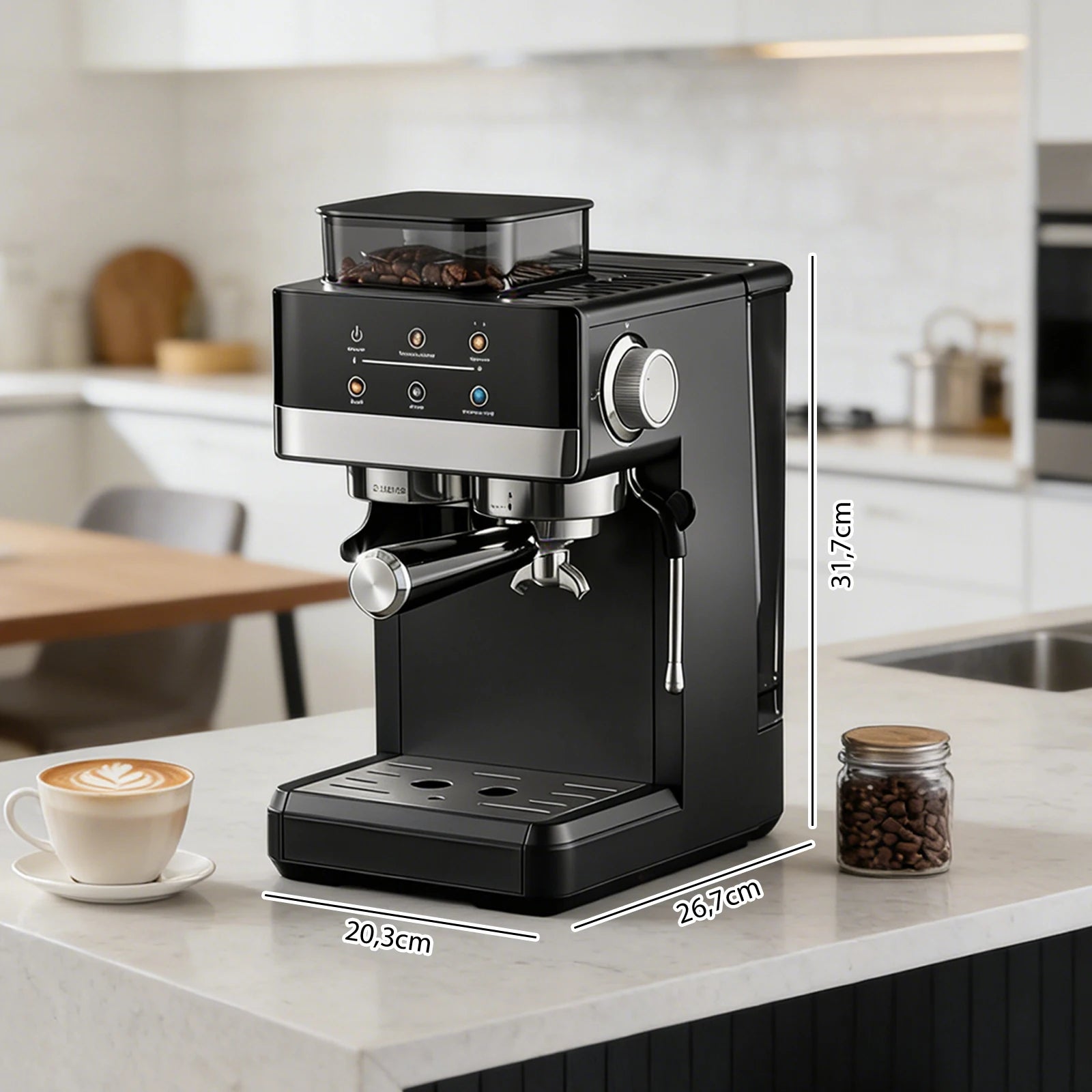 Black espresso machine with bean hopper, touch display, and steam wand. Compact design measuring 31.7x20.3x26.7cm.