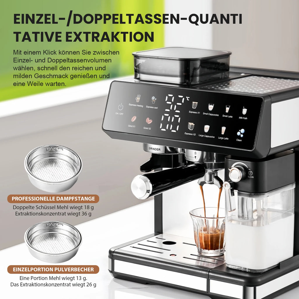 Black espresso machine with digital touch screen, integrated grinder, milk frother, and stainless steel filter baskets.