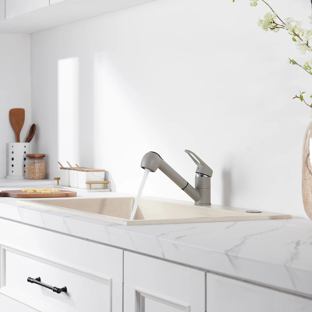 Kitchen Tap Grey, Pipe Shape Pull Out Kitchen Faucet 180 Swivel, 2 Modes Spray Hot Cold Water Mixer, Brass Body Drink Water Sink Mixer, Easy Install PEX Hose, Standard G3/8 Modern Home Laundry Deck Mounted Water Tap