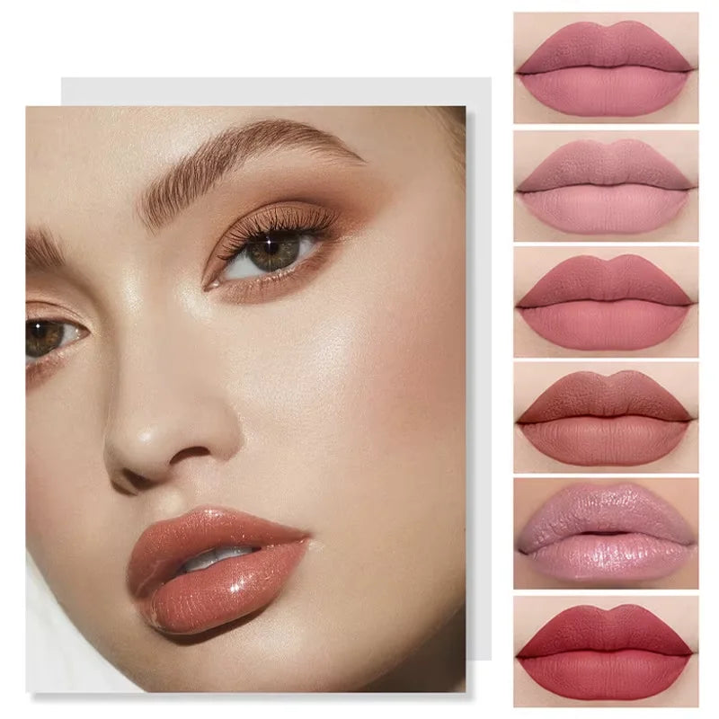 12-piece nude lipstick set featuring long-lasting matte, glossy, metallic, and pearly shades for versatile lip makeup.