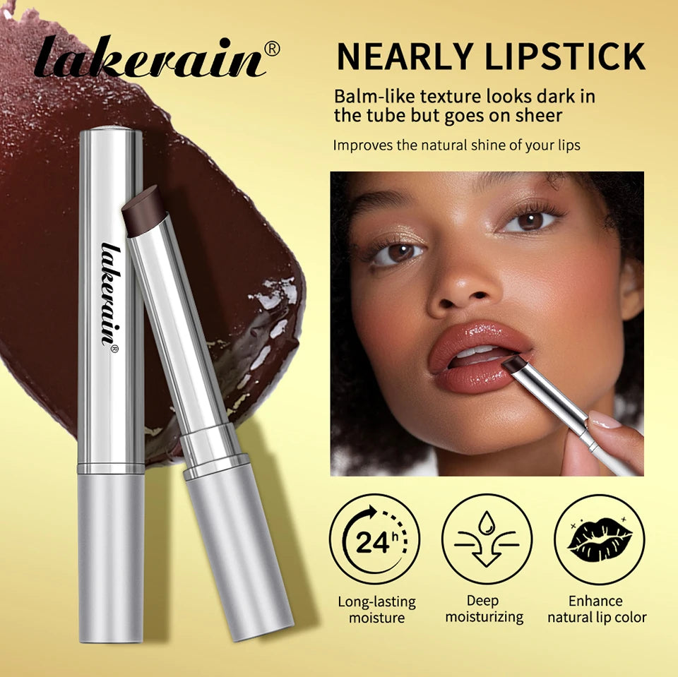 Lakerain moisturizing honey lip balm in a silver tube, featuring a sheer, glossy, dark-to-light nourishing lip makeup.
