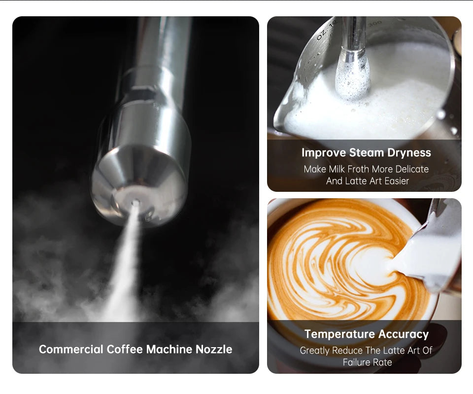 Stainless steel commercial coffee machine steam nozzle for professional milk frothing and latte art.
