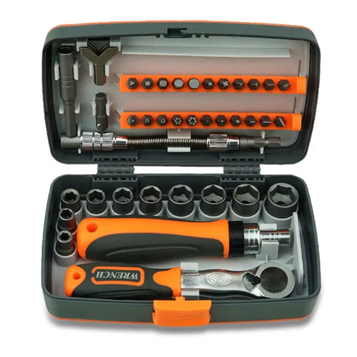 Motorbike tool kit case with orange sockets, ratchet driver, and screwdriver bits