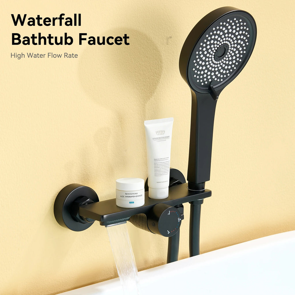 Bathtub Shower Faucet, Wall-mounted Bathtub Mixer Taps with 5-Mode Hand Shower, Hose and Wall Bracket, Black, Brass Body