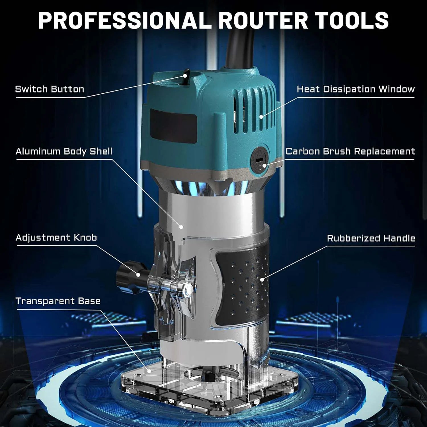 800W Composite Panel Trimmer 30000 RPM Woodworking Electric Trimmer 1/4” Chuck Diameter Wood Carving Milling Cutting Power Tool