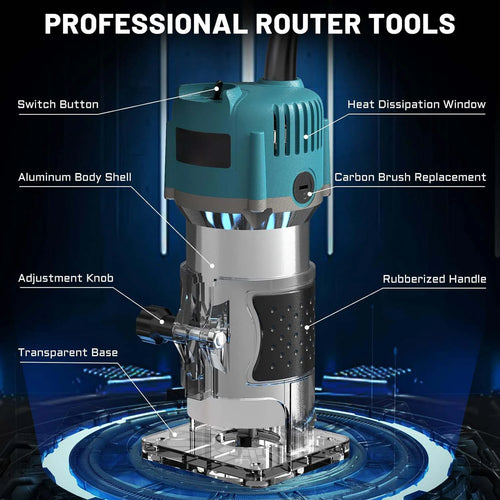 Electric wood router tool with aluminum shell, rubberized handle, and transparent base