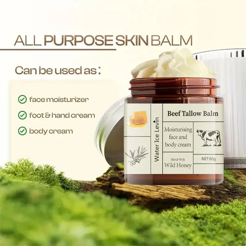 Beef tallow balm jar with amber lid and beige label, topped with pale cream and honey note.