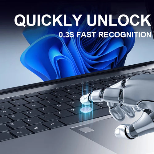 Silver laptop with dark keyboard and trackpad featuring an integrated fingerprint scanner being touched by a robot hand.