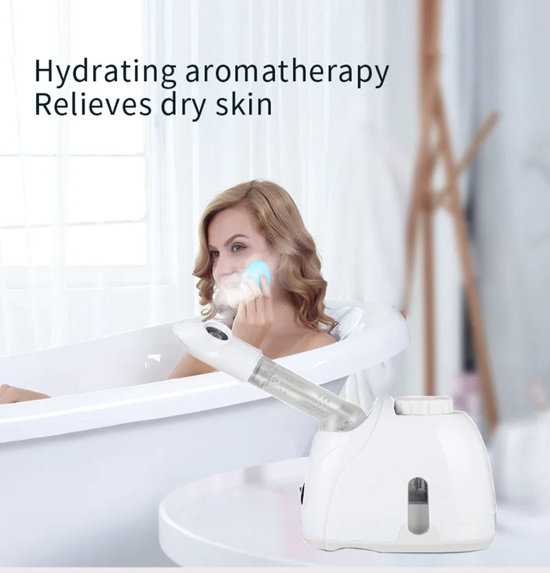 White ozone facial steamer and warm mist vaporizer for deep cleaning and skin hydration in a home spa setting.
