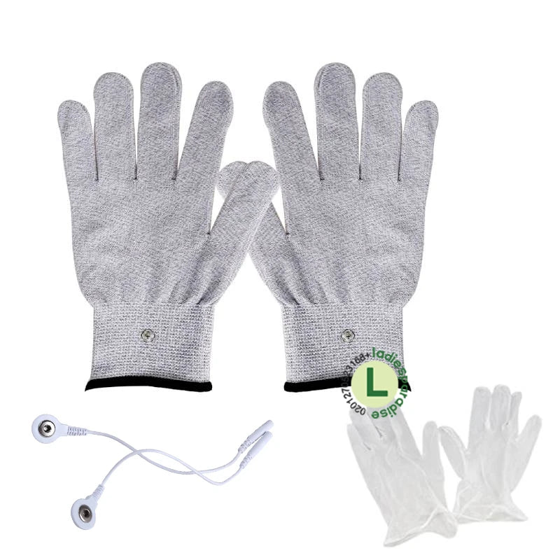 Grey conductive DDS bioelectric therapy gloves with lead wire and disposable liners for pain relief and body massage.