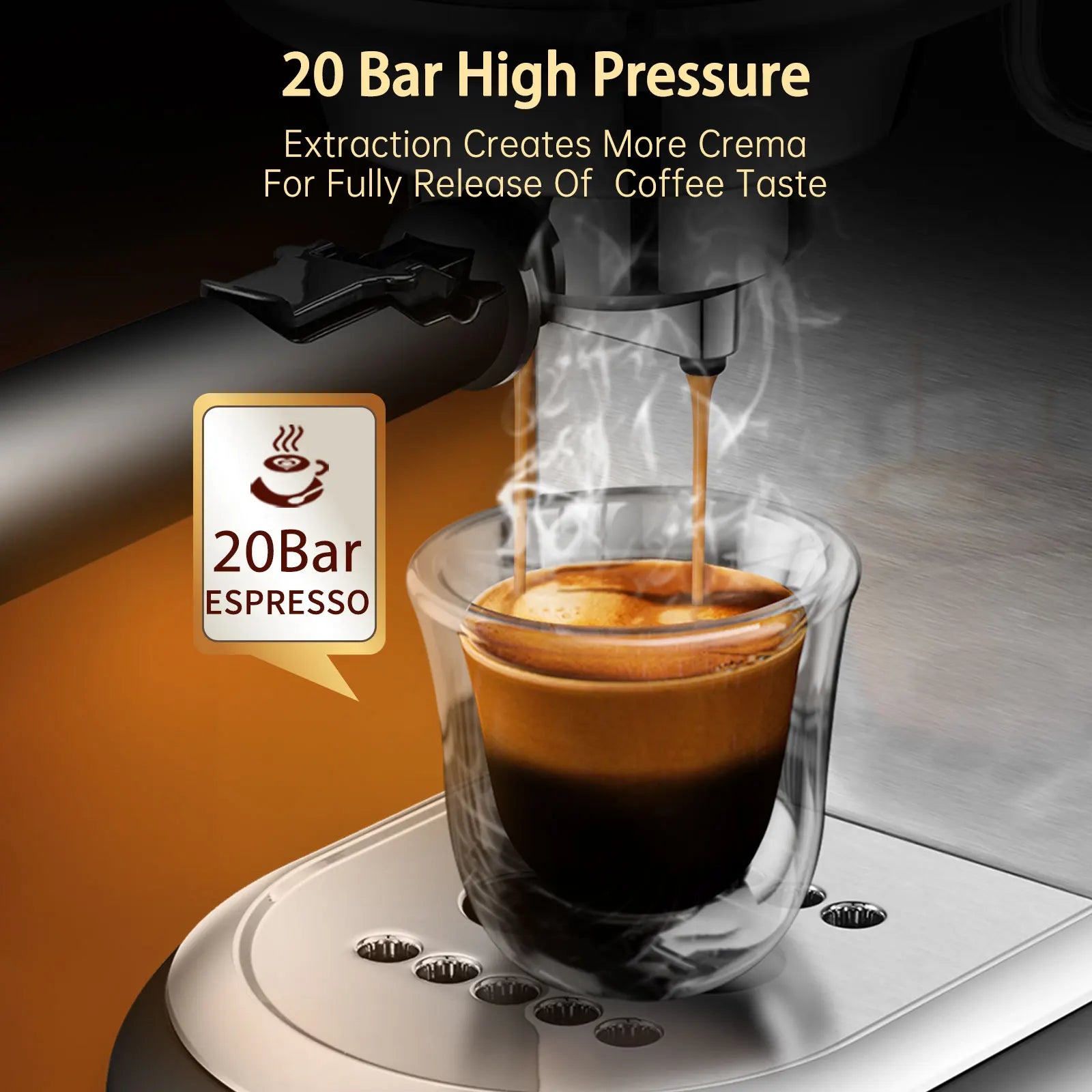 20 bar espresso machine in black and stainless steel brewing a fresh, rich crema shot into a glass cup.