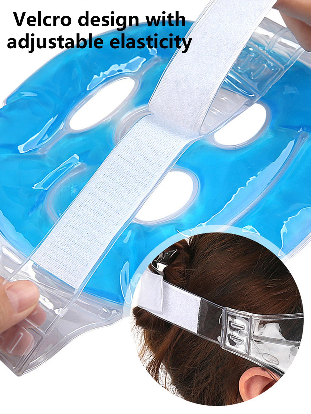 Blue gel face mask with cutouts for eyes, nose, and mouth, featuring an adjustable white Velcro elastic strap.
