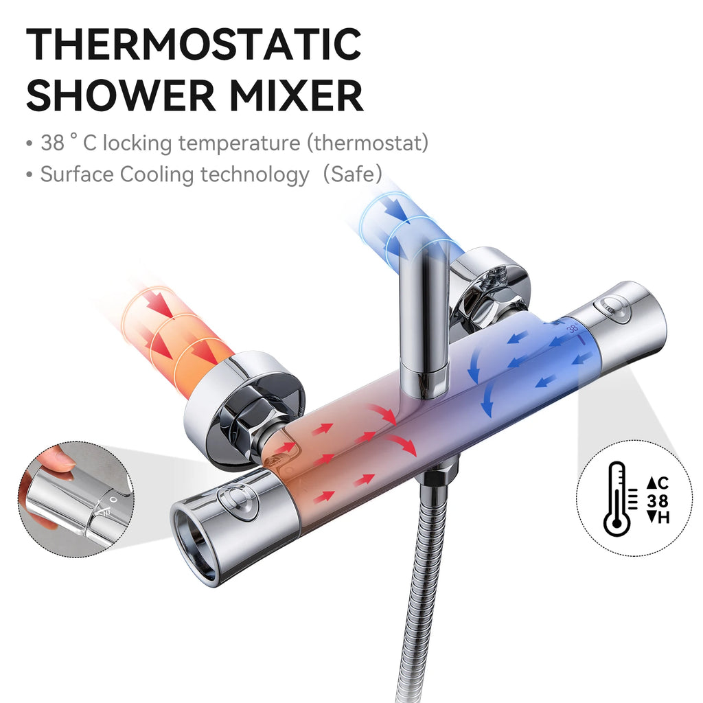 Auralum Shower Column With Thermostatic Tap, 38°C Brass Mixer, Shower Head 25 × 25 Cm, Height Adjustable 102-125cC, Chrome