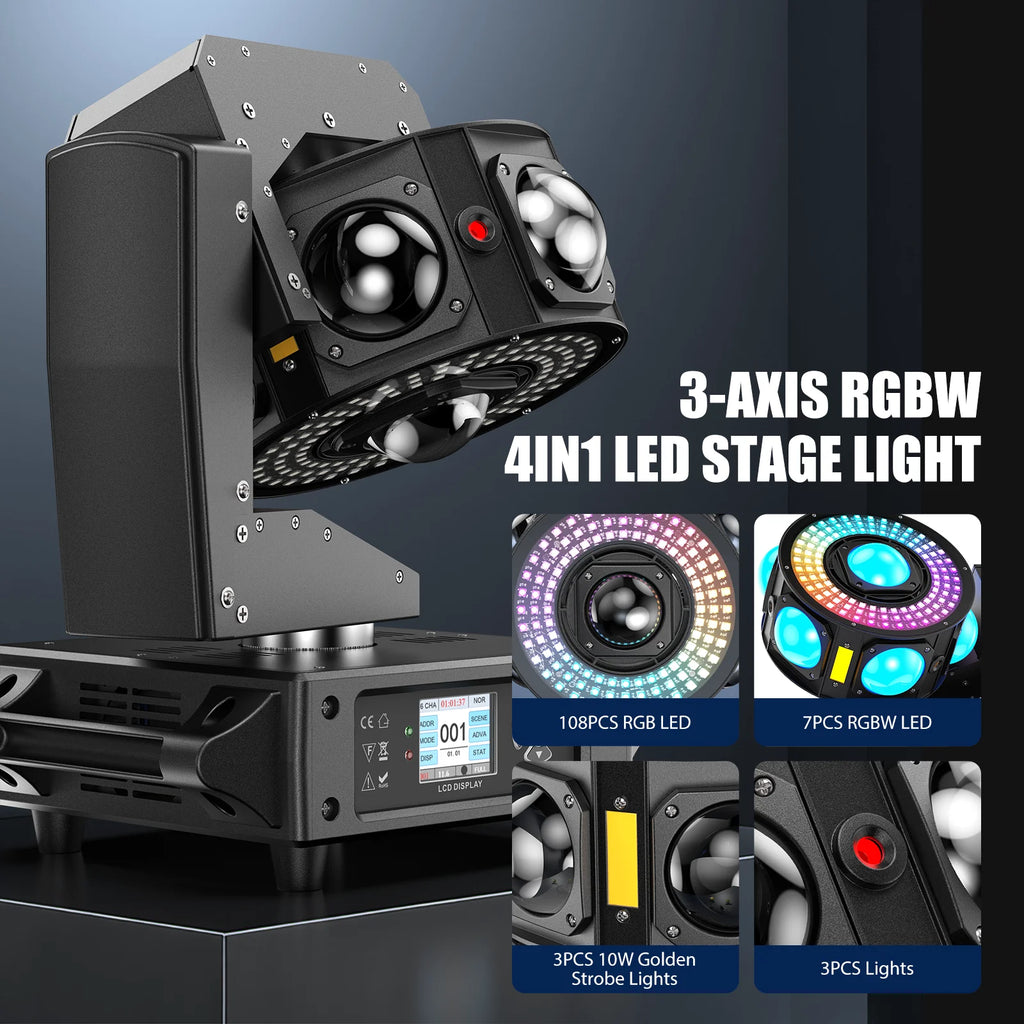Fieryzeal 160W RGBW Beam Moving Head Light 3-Axis LED Stage Light 360 Rotation DMX Strobe Effect for DJ Disco Wedding Party