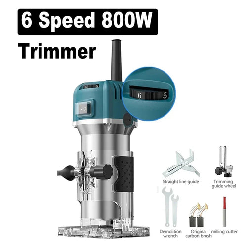 Teal electric wood trimmer router with transparent base, speed dial, and milling cutter tools