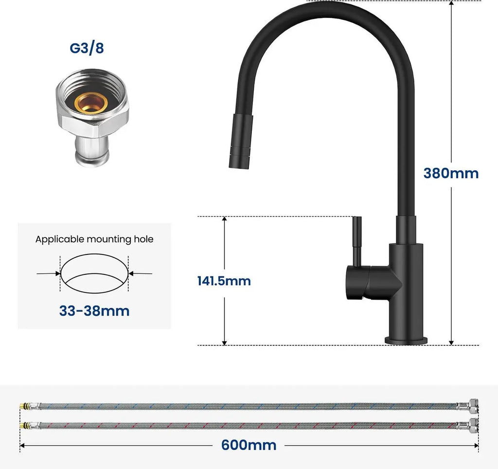 Black Kitchen Faucet with 2 Spray Types, Pull-Down Mixer, Hot and Cold Water, 360° Swivel