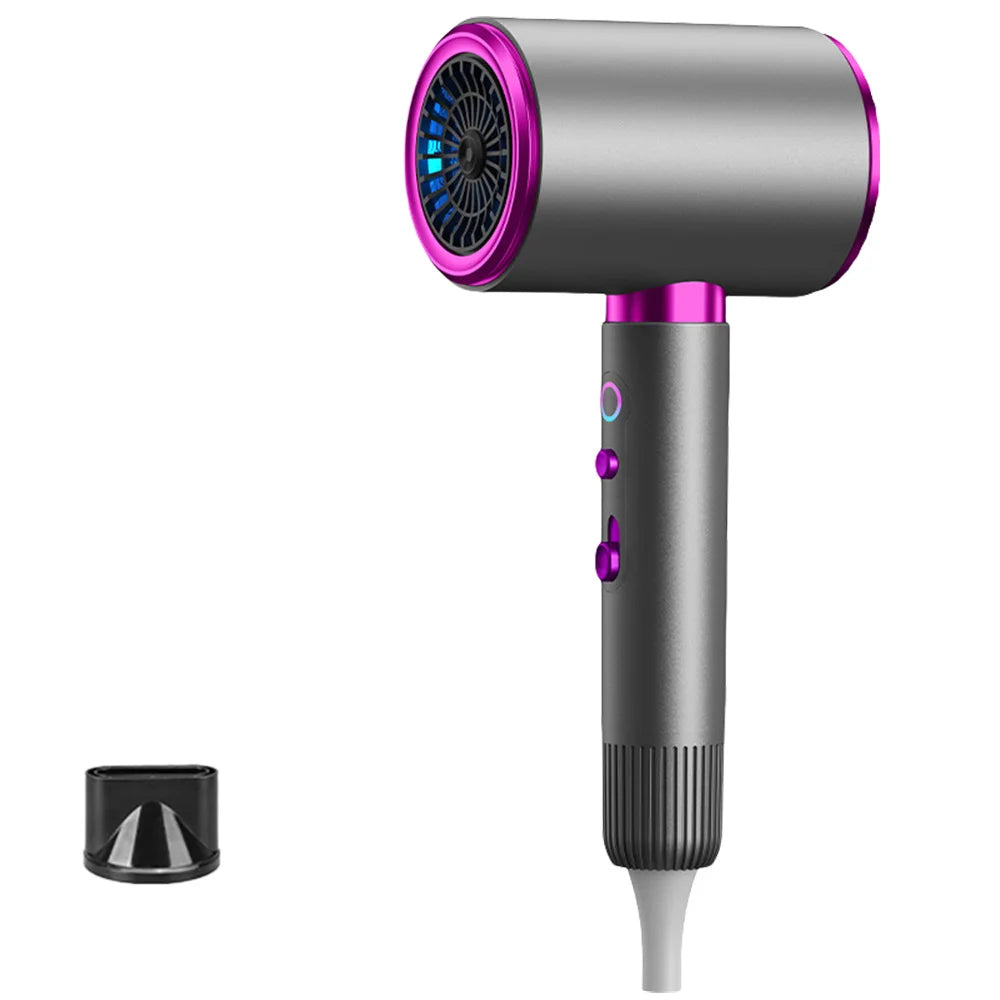2400W professional high-speed hair dryer in grey and pink with curly nozzle attachment for fast, salon-quality drying.