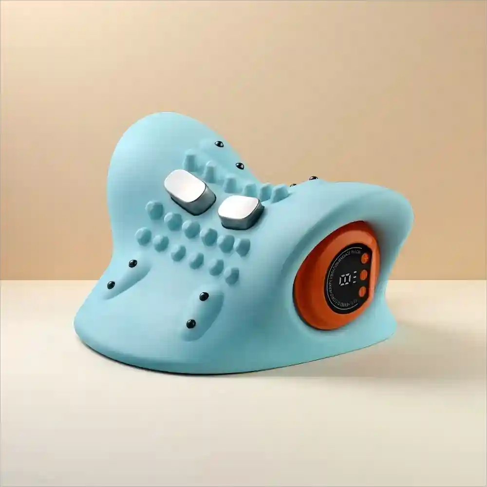 Light blue, ergonomic cervical neck stretcher with metal massage points, textured bumps, and an orange digital display.