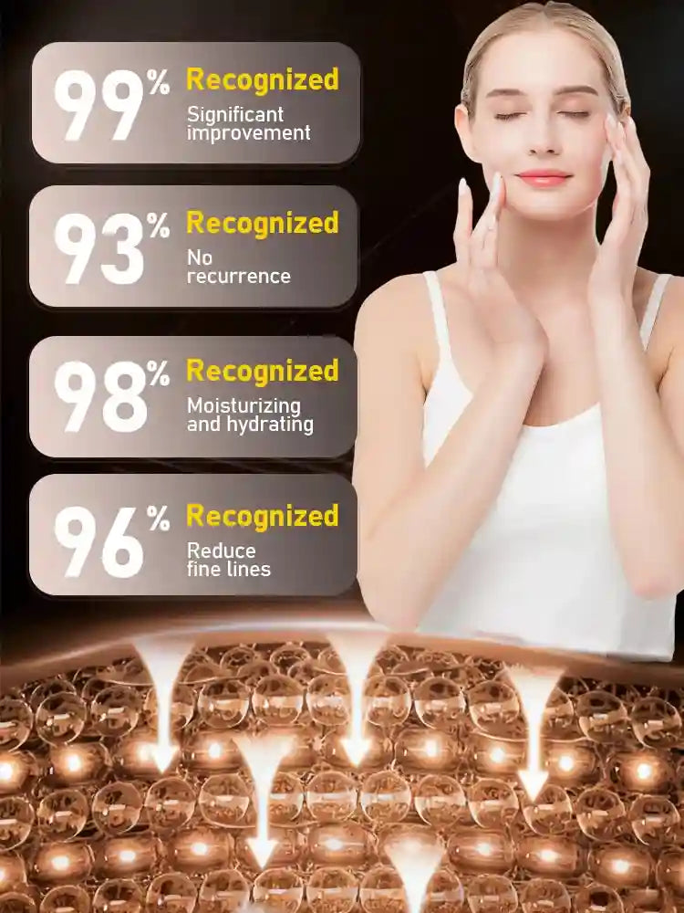 Woman touching her face next to percentages highlighting eye care benefits and a close-up of amber-colored beads.