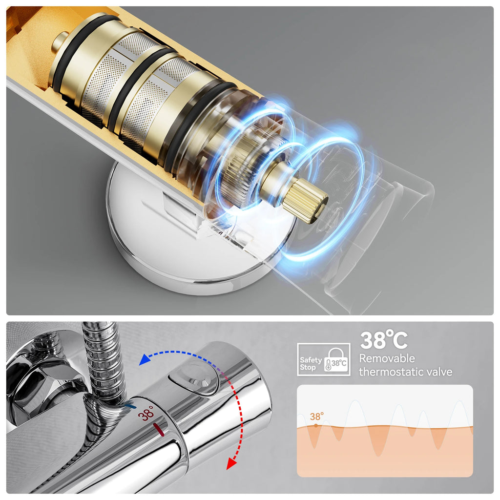 Auralum Shower Column With Thermostatic Tap, 38°C Brass Mixer, Shower Head 25 × 25 Cm, Height Adjustable 102-125cC, Chrome