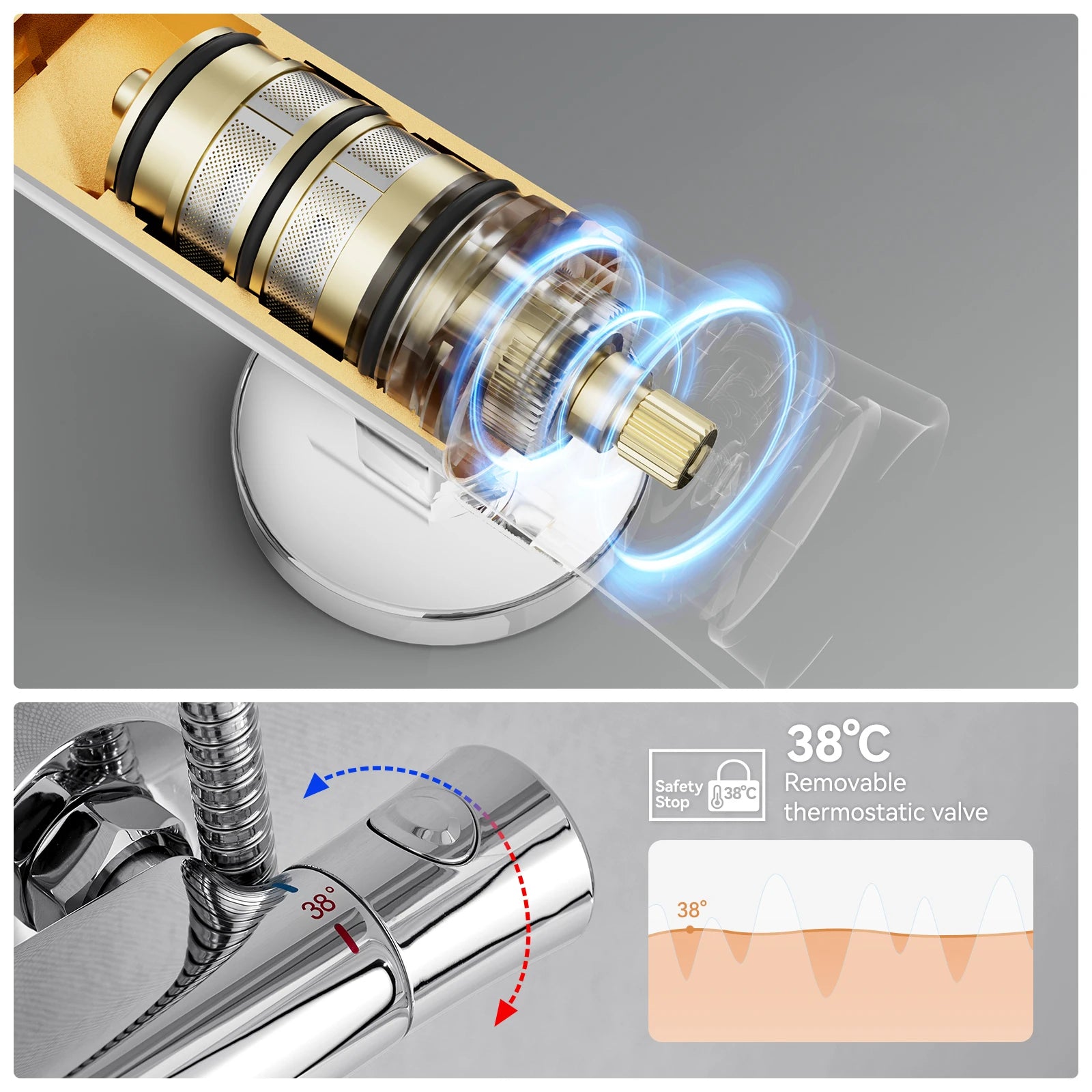 Auralum Shower Column With Thermostatic Tap, 38°C Brass Mixer, Shower Head 25 × 25 Cm, Height Adjustable 102-125cC, Chrome