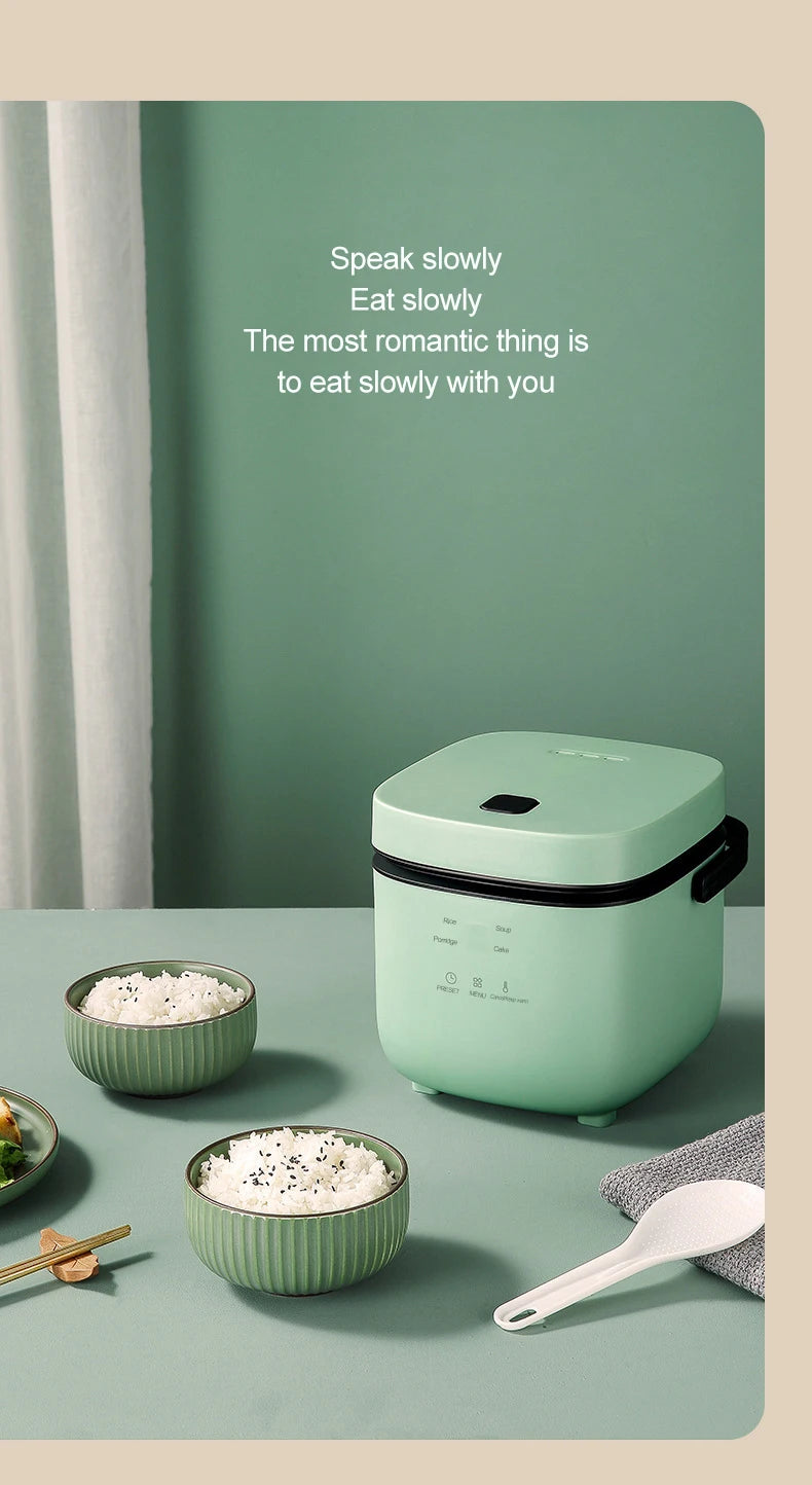 Mint-green automatic rice cooker on countertop with lid closed and display panel