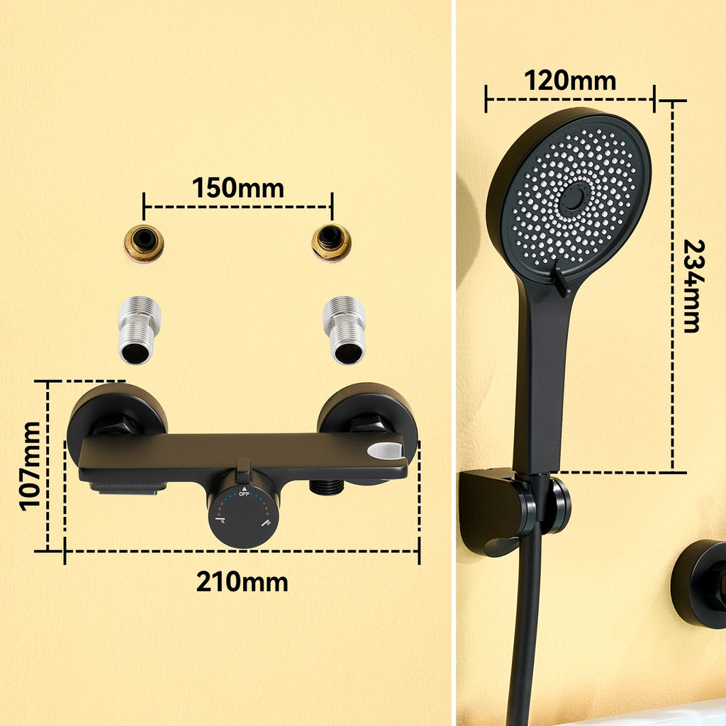 Bathtub Shower Faucet, Wall-mounted Bathtub Mixer Taps with 5-Mode Hand Shower, Hose and Wall Bracket, Black, Brass Body