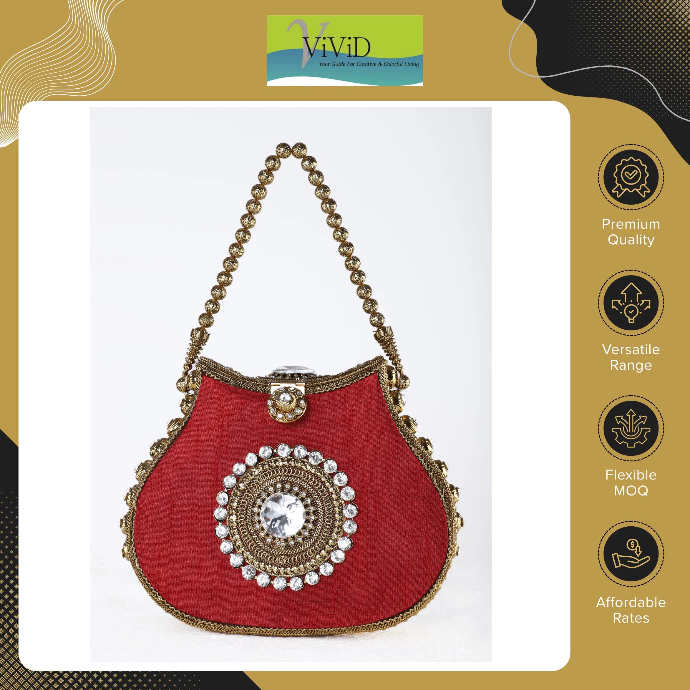 Red silk designer handbag with gold beaded handle, crystal center medallion, and kiss lock closure.