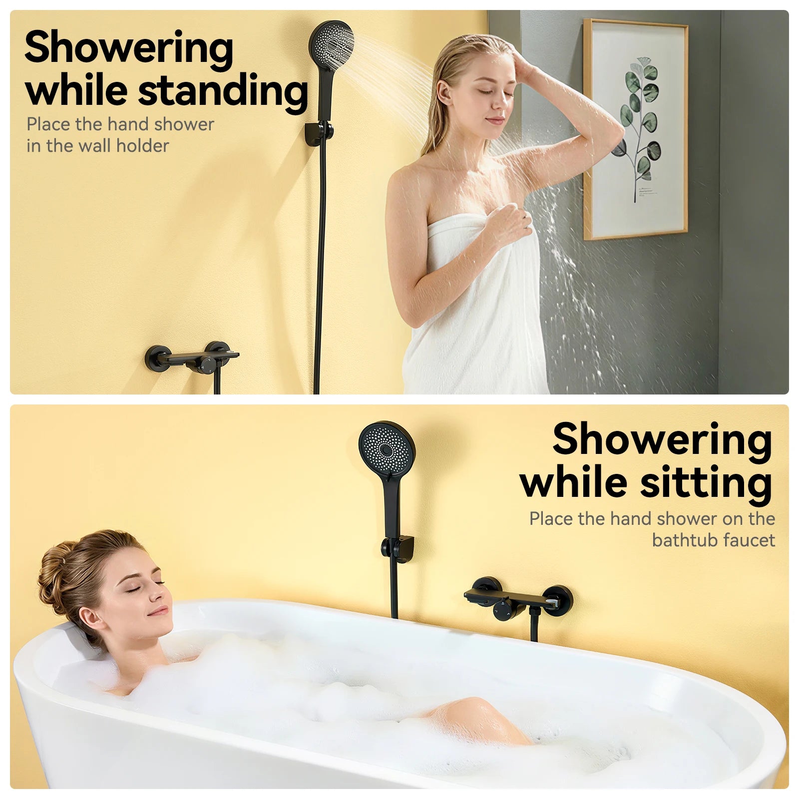 Bathtub Shower Faucet, Wall-mounted Bathtub Mixer Taps with 5-Mode Hand Shower, Hose and Wall Bracket, Black, Brass Body