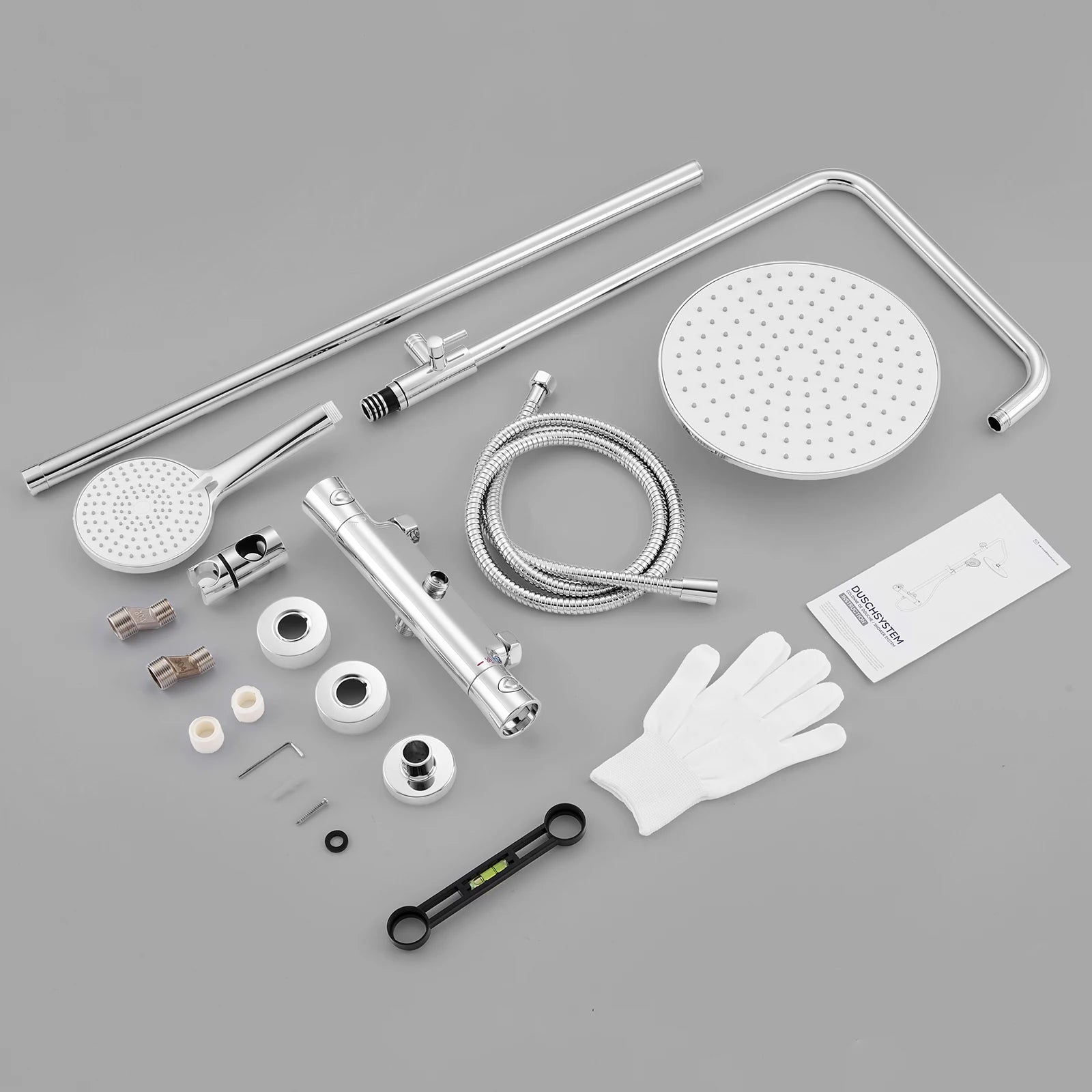 Auralum Shower Column With Thermostatic Tap, 38°C Brass Mixer, Shower Head 25 × 25 Cm, Height Adjustable 102-125cC, Chrome
