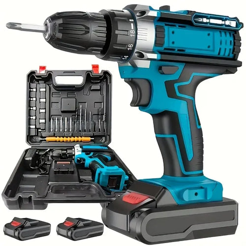 Cordless blue-and-black impact drill driver with open tool case and included bits