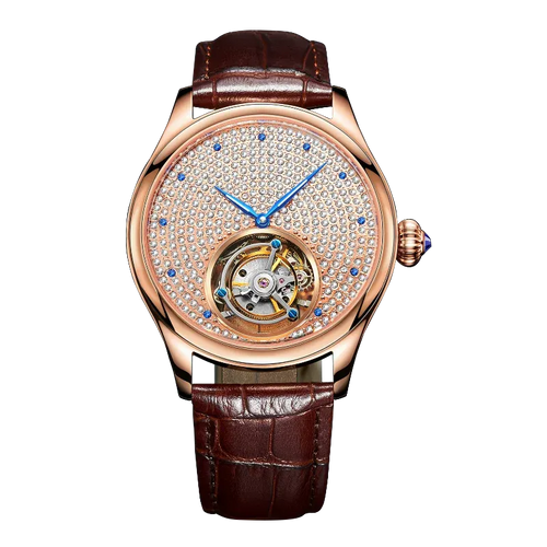 Classic 7012 luxury rose gold tourbillon watch with diamond-paved dial, blue hands, and brown leather strap.