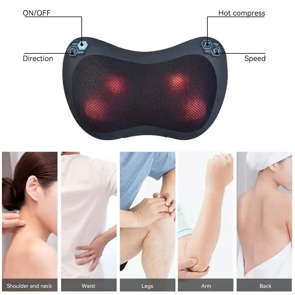 Black butterfly-shaped neck massager with mesh center, four heated rotating nodes, and controls for body pain relief.