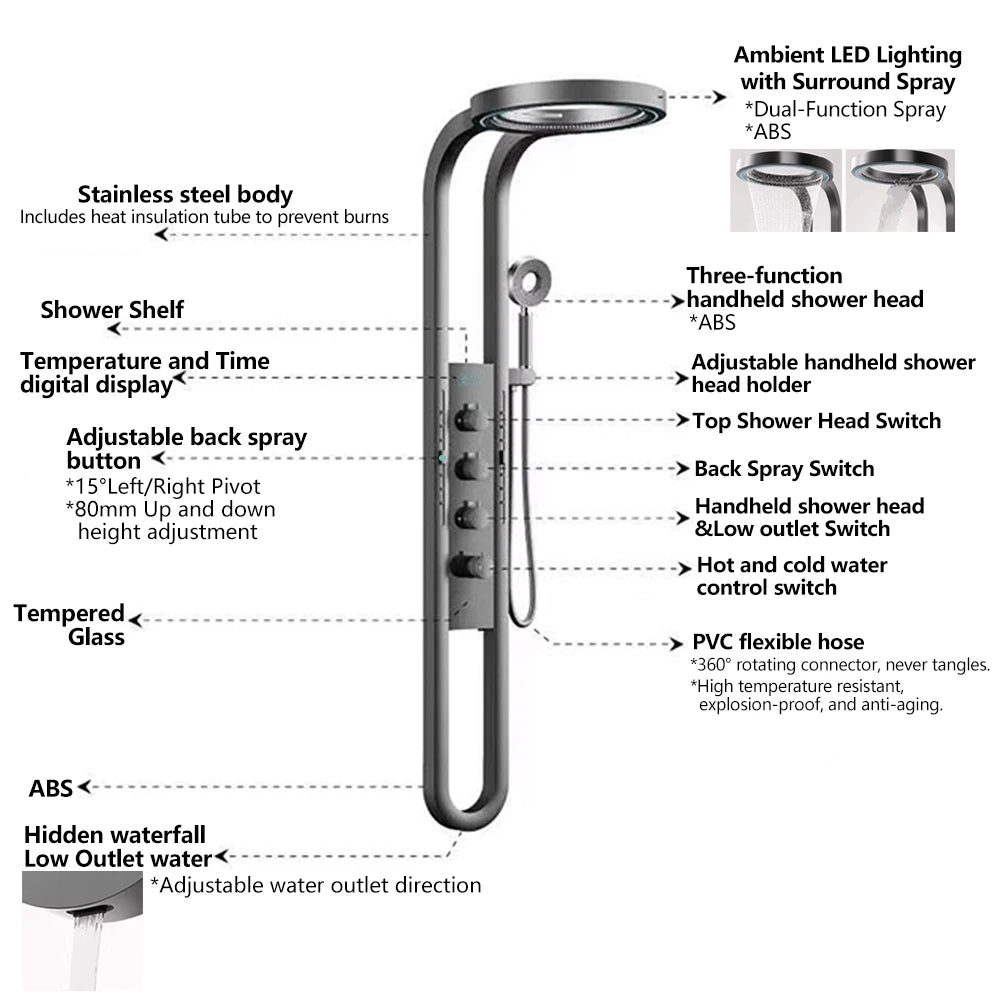 Bathroom Light Shower Faucet Panel LED Digital Display Shower Faucet Set Shower Screen Waterfall Wall Mounted Shower System Set
