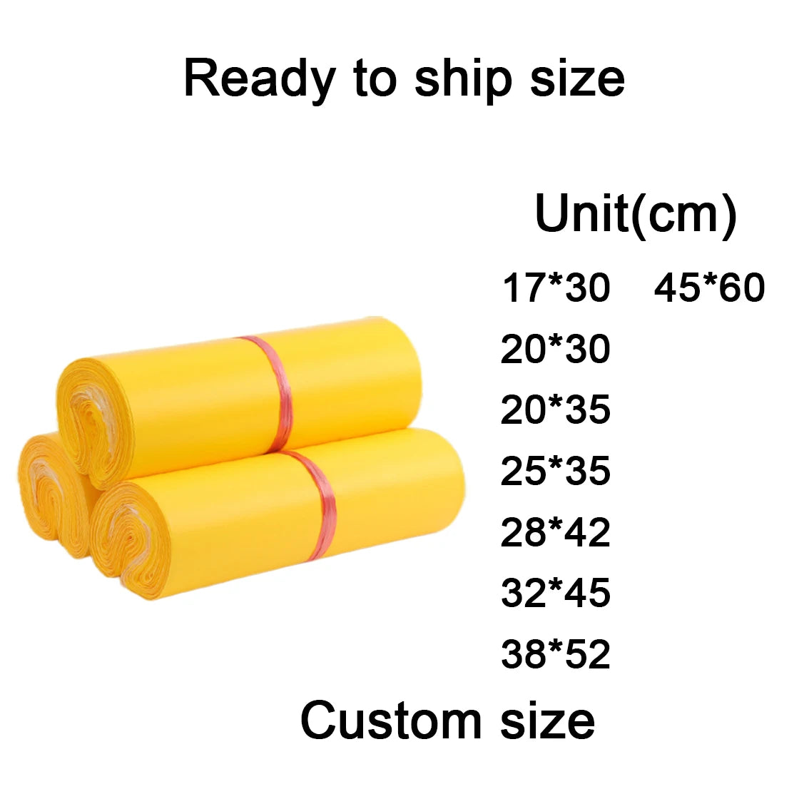 Yellow poly mailer rolls, ready-to-ship size chart on white background