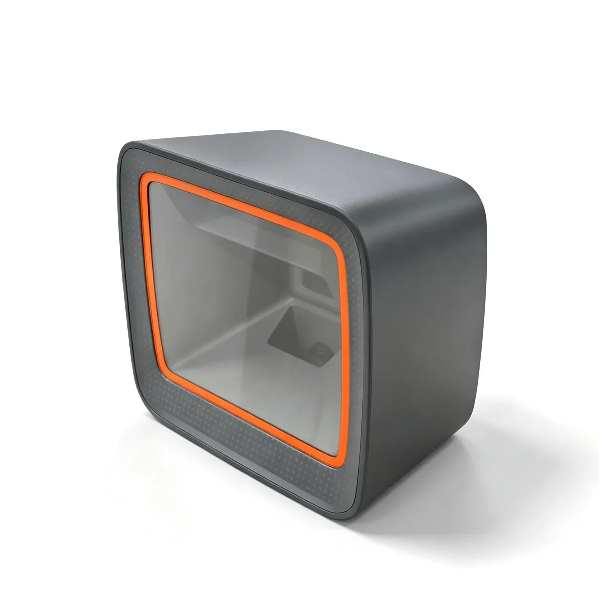 Desktop barcode scanner 3/4 side view, dark gray housing with orange trim