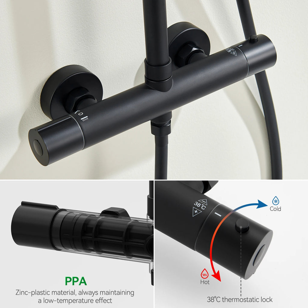 Shower bar with thermostatic mixer tap, anti-scald mixer tap, 25x25 cm shower, adjustable shower bar without drilling, Black
