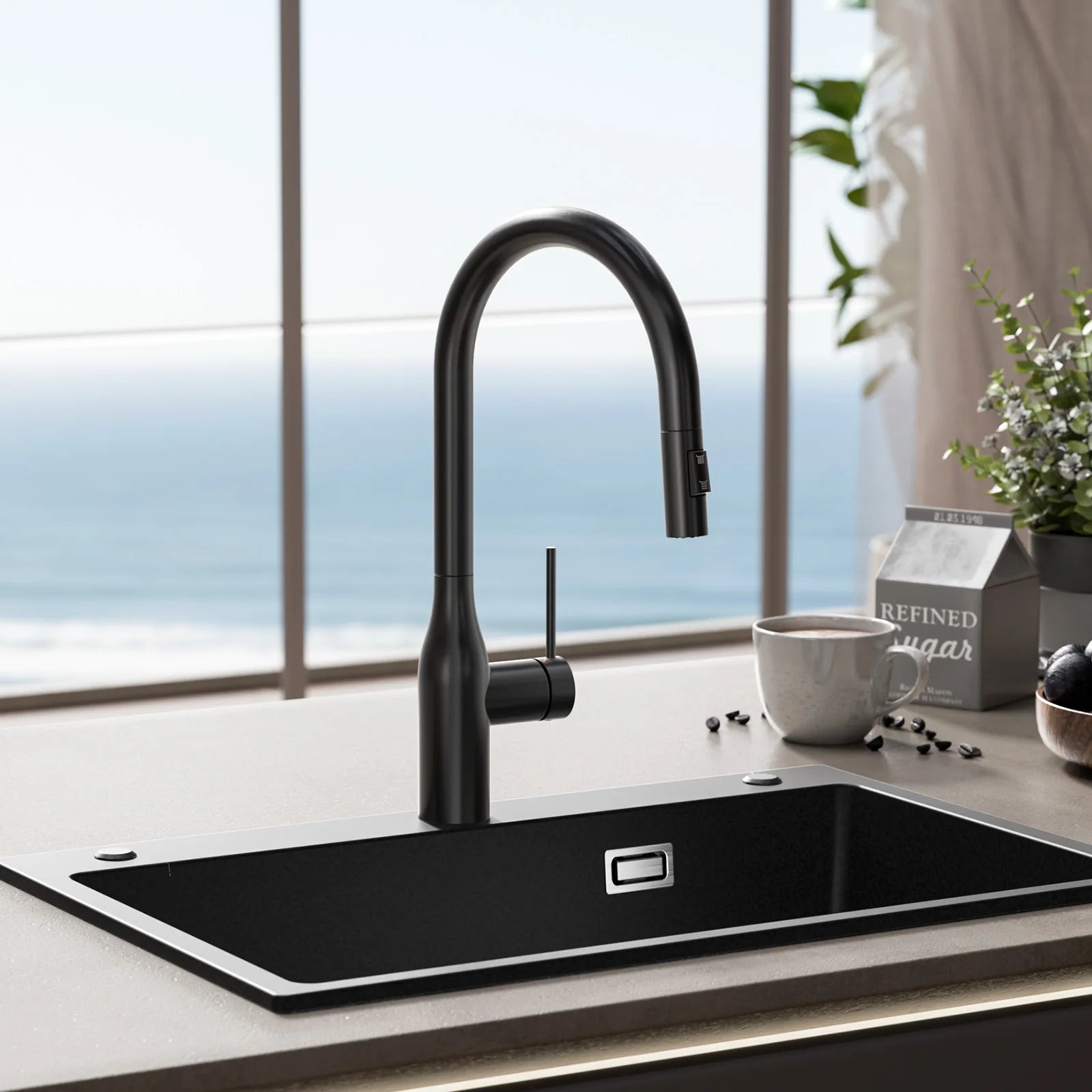 Kitchen Tap Black, Vase Umbrella Shape Pull Down Kitchen Faucet 360 Swivel, 2 Modes Spray Hot Cold Water Mixer, 304 Stainless Steel Sink Mixer, Easy Install DVGW PEX Hose, Standard G3/8 Modern Home Black Water Tap