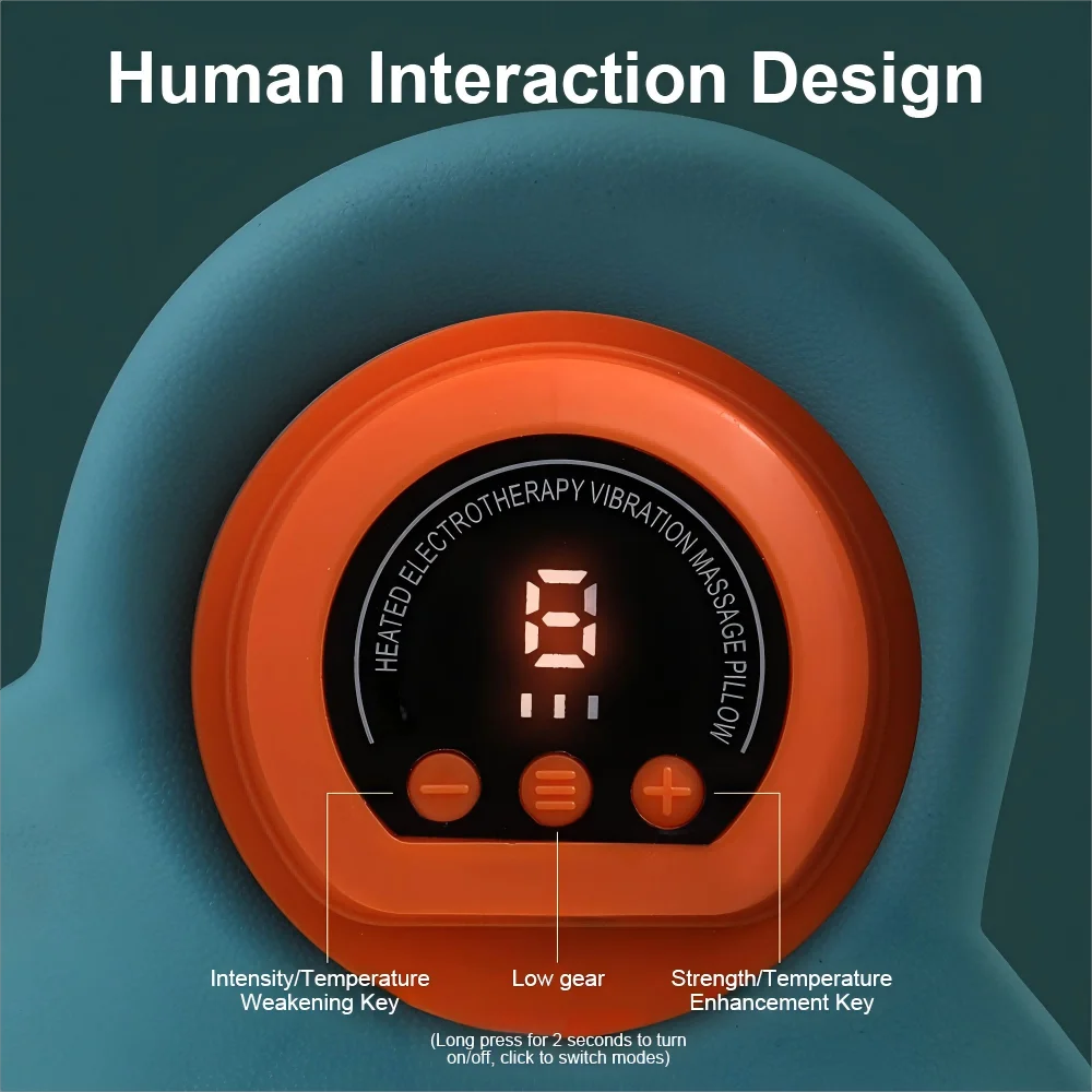 Blue cervical massager with a round orange digital display showing settings, buttons, and mode labels.