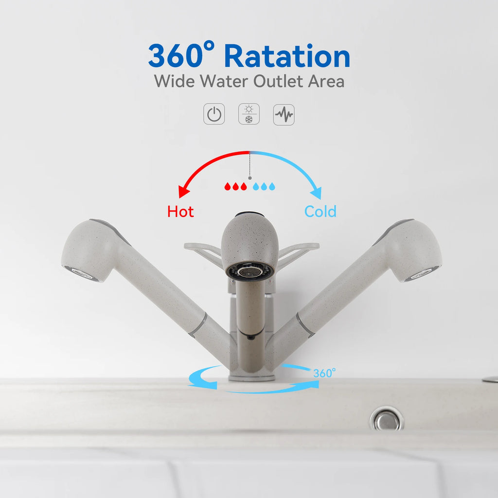 Kitchen Tap Grey, Pipe Shape Pull Out Kitchen Faucet 180 Swivel, 2 Modes Spray Hot Cold Water Mixer, Brass Body Drink Water Sink Mixer, Easy Install PEX Hose, Standard G3/8 Modern Home Laundry Deck Mounted Water Tap
