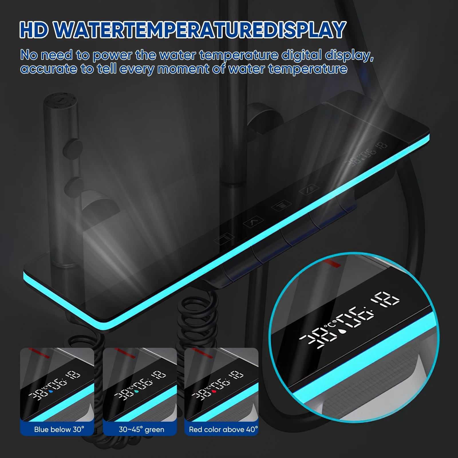 Bathroom Shower System Adjustable Temperature Black Tempered Glass Shower Set Digital Display Ambient Light Copper Mixer Shower